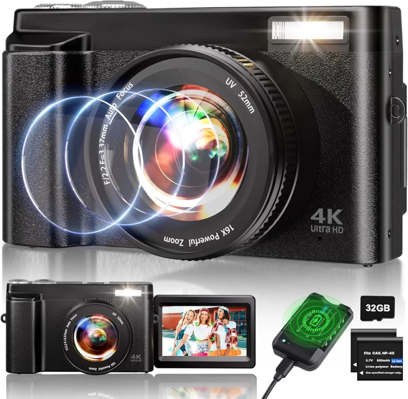 4K Appareil Photo Numérique, 48MP Autofocus Appareil Photo vidéo avec Carte 32G, 2.7'' 180°écran Rabattable Digital Camera 16X Zoom avec Flash, Appareil Photo Compact pour Adolescents Débutants Adulte