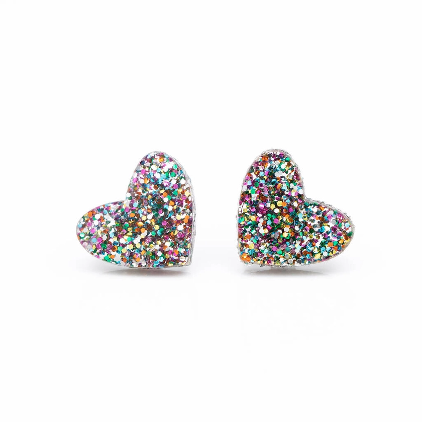 Laser Cut Rainbow Glitter Love Heart Earrings Studs