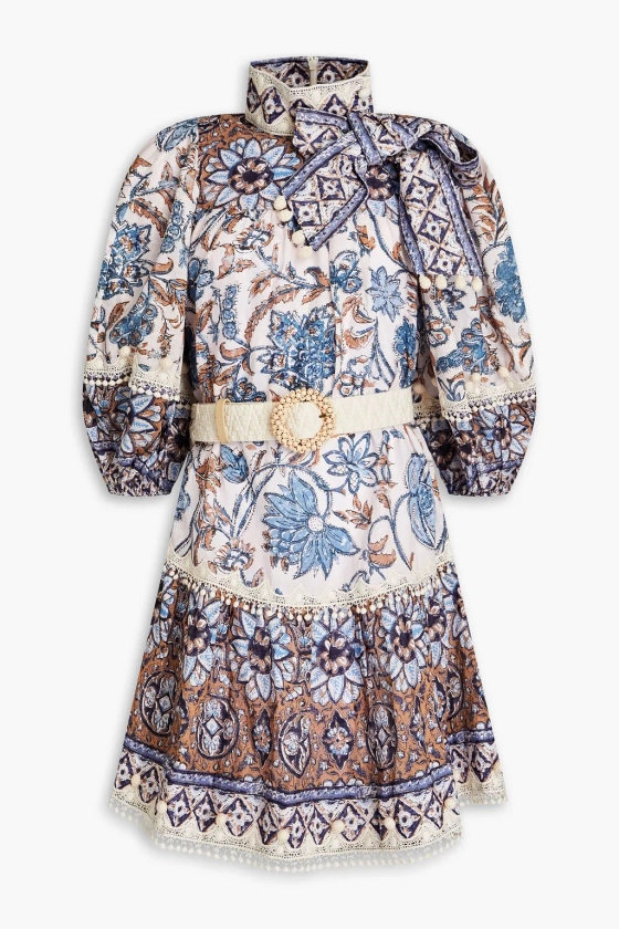 ZIMMERMANN Pussy-bow floral-print linen mini dress | THE OUTNET