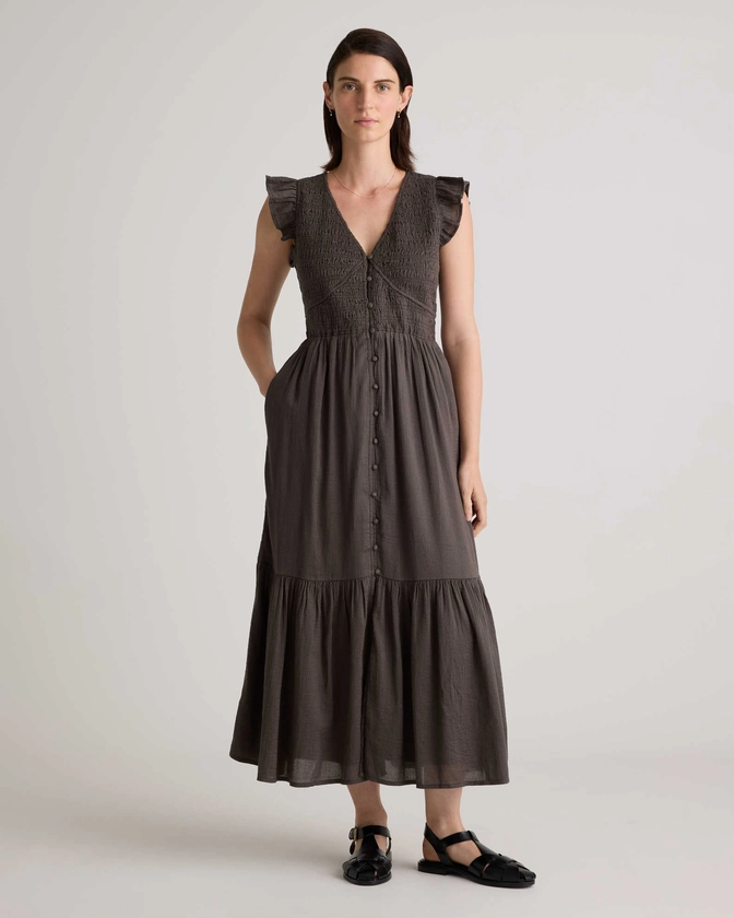 Organic Textured Cotton Smocked V-neck Midi Dress