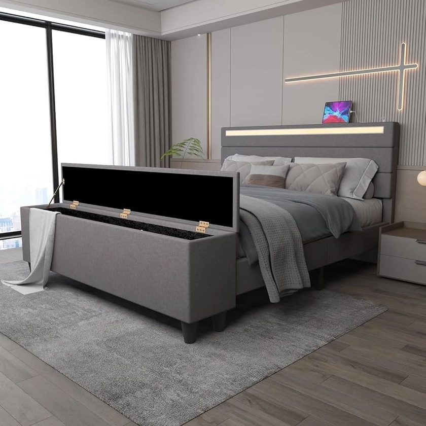 Queen Size Bed Frame with Ottoman, Upholstered Headboard with LED Lights and USB Ports, Noise-Free Bed Frame with Solid Wooden Slats Support, No Box Spring Needed, Easy Assembly, Grey