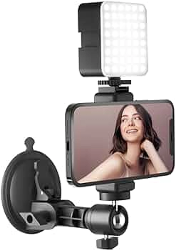 LenTok Support de téléphone miroir à ventouse avec lumière pour création de contenu essentiel, support mural de voyage pour téléphone, appareil photo pour maquillage, trépied miroir pour salle de