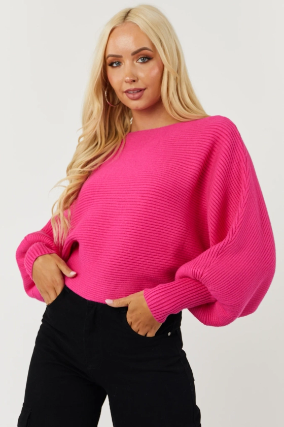 She+Sky Hot Pink Boat Neckline Dolman Sleeve Sweater