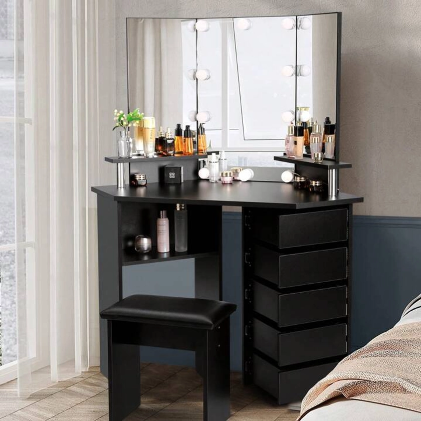 VOWNER Corner Makeup Table, Vanity Desk With Mirror And Lights, 3 Color & Brightness Adjustable, With 5 Rotating Drawers And Stool