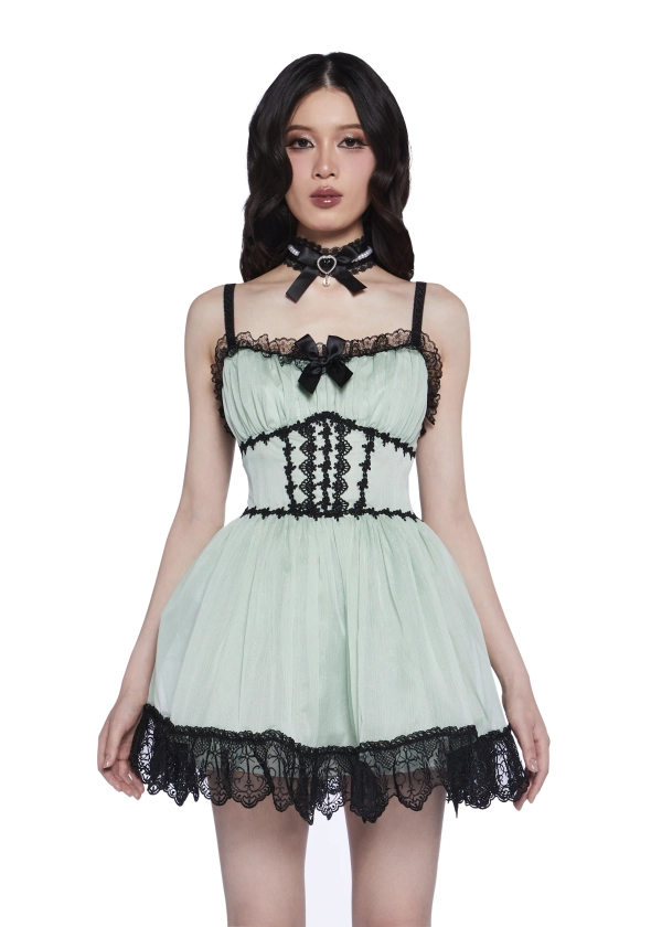 Widow Shimmery Chiffon Babydoll Dress With Lace Detailing Goth Prom - Green