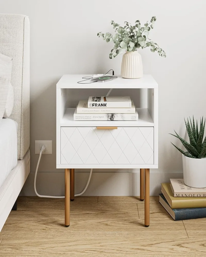Nightstand with Charging Station, Drawer Dresser for Bedroom, Small Side Table with Drawer, Night Stand, End Table with Gold Frame for Bedroom, Living Room, Diamond White