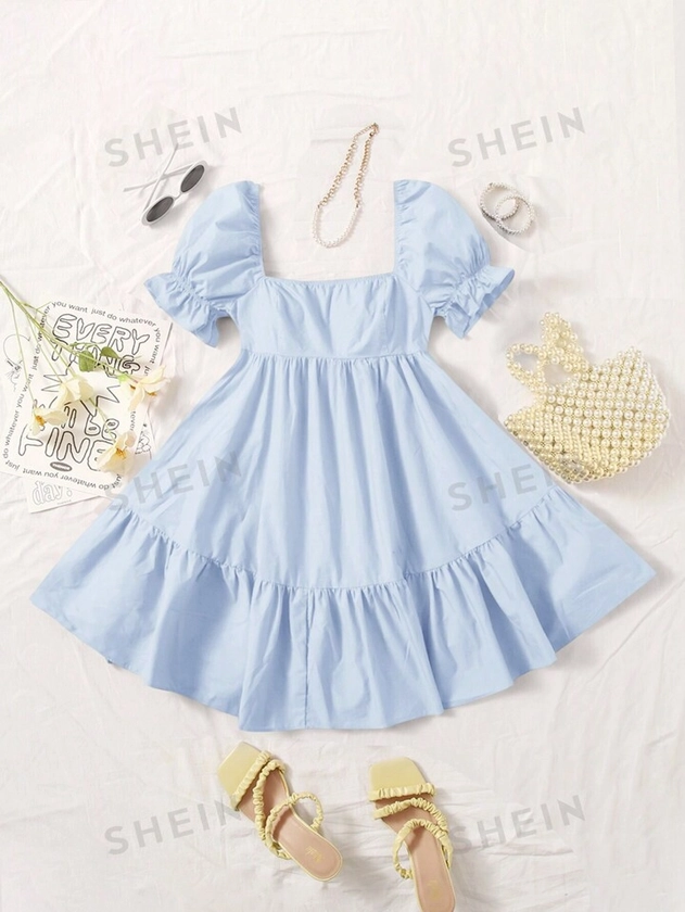 SHEIN WYWH Women's Puff Sleeve And Ruffled Hem A-Line Baby-Blue Dress