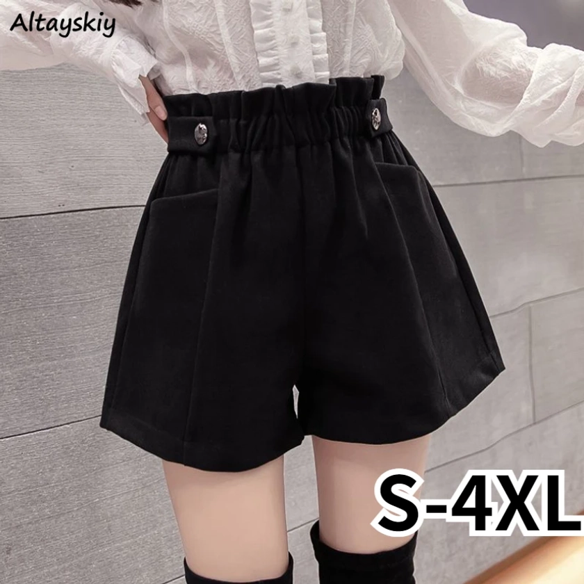 Pantalones cortos de lana negros para mujer, ropa de calle Vintage holgada con diseño de cintura alta y pliegues elegantes para otoño e invierno, básico con clase para mujer encantadora - AliExpress