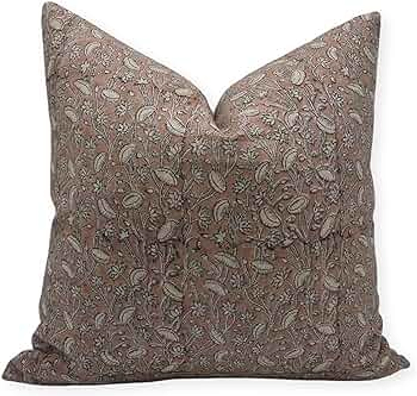 Block Print Thick Linen 20x20 Throw Pillow Covers, Decorative Handmade Vintage Pillow Covers for Sofa and Couch, Floral Print Outdoor Cushion Cover with Boho Home Decor (Pistha, Rust)