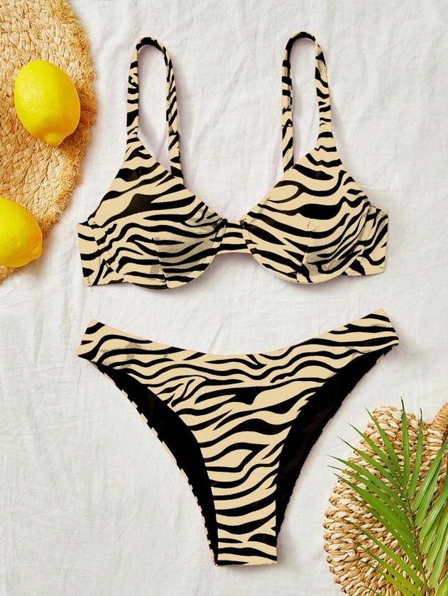 SHEIN Swim Vcay Summer Full Printing Separated Bikini Suit, Spaghetti Strap Swimwear Top And Triangle Bottom Set, Perfect For Beach And Poolside,Summer Beach | SHEIN UK