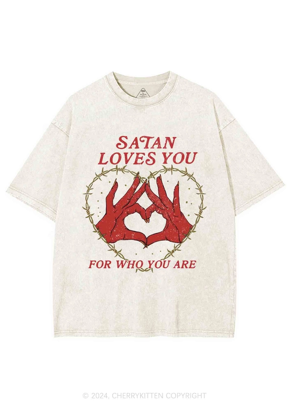 Cherrykitten Satan Loves You Heart Halloween Y2K Washed Tee Cherrykitten for Sale