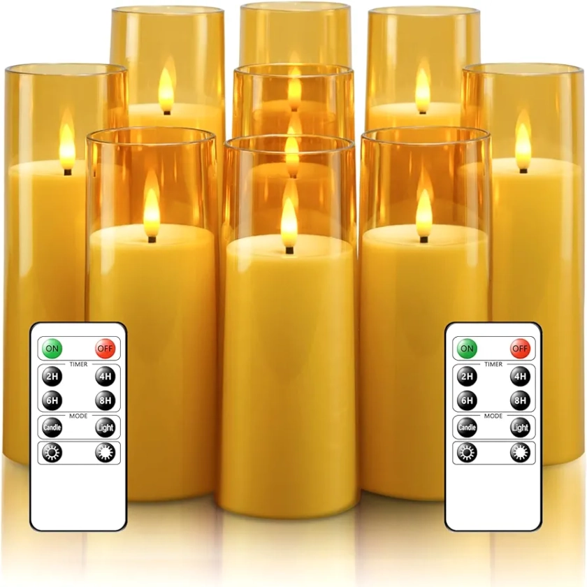 Flickering Flameless Candles Battery Operated with Remote and 2/4/6/8 H Timer Plexiglass Led Pillar Candles Pack of 9 (D2.3 xH 5" 6" 7") with Realistic Moving Wick Candles for Home Decor(Gold)