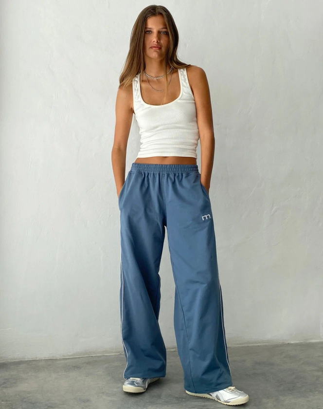 Benton Wide Leg Jogger in Blue with 'M' Embroidery