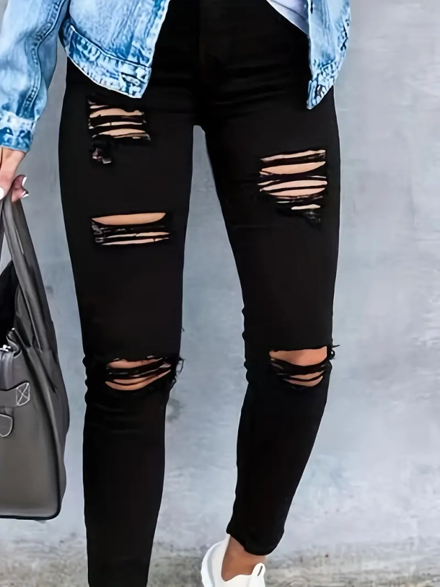 Ripped Holes Stretchy Tights Jeans High Waist Pocket - Temu