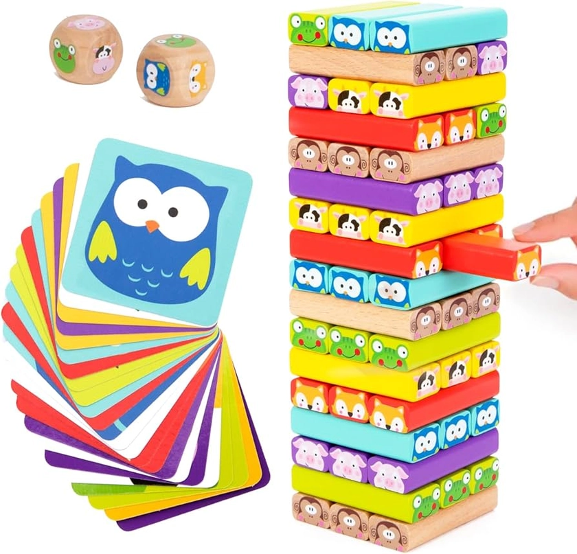 Nene Toys 4-in-1 Wooden Tumble Tower Game with Animals & Colors - Family Game for Kids Ages 3-9 - Cognitive Skills Booster, Educational Board Game for Children - Gift for Boys Girls 3+ years