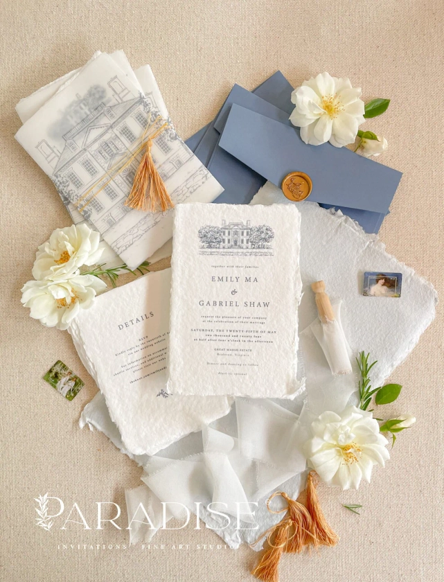 Winona Handmade Paper and Tassels Wedding Invitation, Deckled Edge Paper Invitation, Wedding Venue Invitation DEPOSIT - Etsy Italia