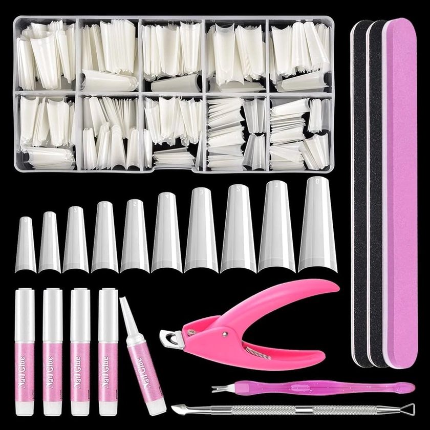 Amazon.com: Natural Coffin Nail Tips, MORGLES 500pcs White Long Fake Nail Tips Half Cover False Nail with Glue, Clipper, Files, Cuticle Pusher and Fork for Nail Art, 10 Sizes : Beauty & Personal Care