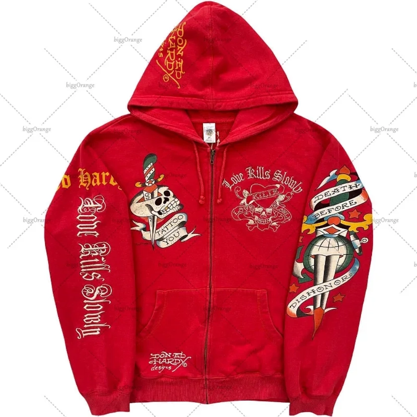 American Hip Hop Design With Multiple Printed Patterns Before And After Zipper Hoodie Cardigan Women Y2K Street Trend Sweatshirt