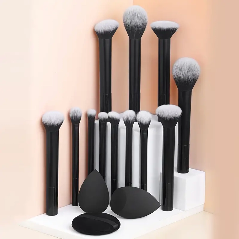 12-Piece Classic Full Makeup Brush Set with Angled and Teardrop Blenders, 1 Powder Puff - Professional Application Tools, Nylon Bristles, ABS Handle,