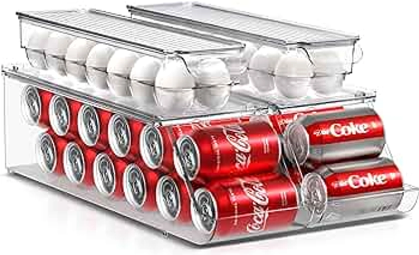 Sorbus Soda Can Organizer for Refrigerator & Egg Holder for Fridge Set, 2 Stackable Can Holder Dispenser Holds 12 Cans Each & 2 Egg Holders with Lid holds 14 eggs for Fridge, Pantry, Freezer, BPA-Free