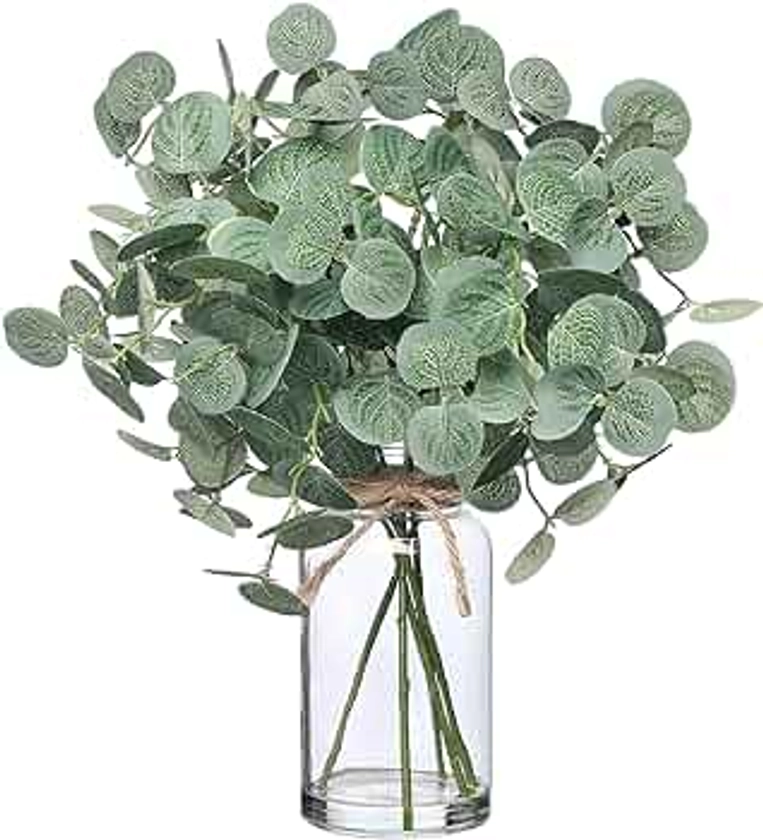 Artificial Eucalyptus Stems in Glass Vase with Faux Water, 14" Fake Plant Eucalyptus Leaves for Centerpiece Table Decorations Office Farmhouse Wedding Home Decor (Green)