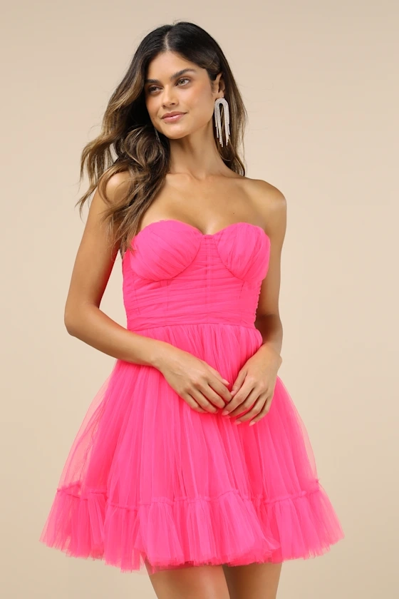 Lovely Flirtation Hot Pink Tulle Strapless Bustier Mini Dress