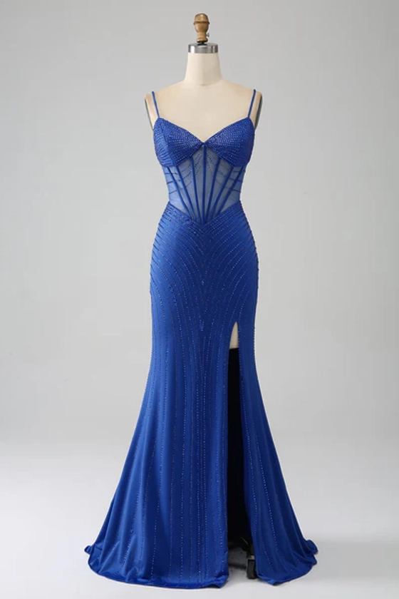 Robe de soirée Corset sirène bleu royal avec perles