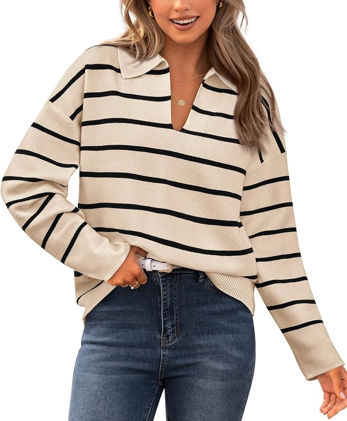 CFLONGE Women's Casual Striped Pullover Sweater Long Sleeve Polo V Neck Lightweight Loose Fit Drop Shoulder Knit Shirts Tops