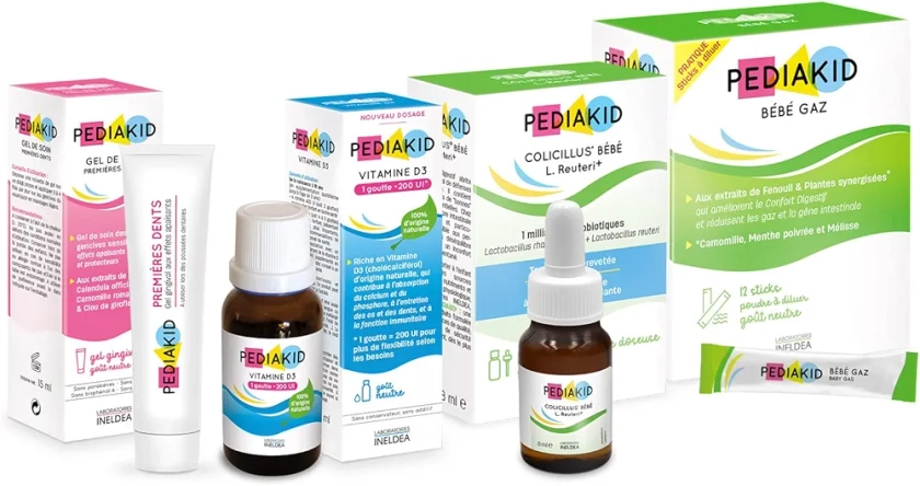 PEDIAKID - Box Bébé - Vitamine D3, Colicillus Bébé L. Reuteri+, Gel de Soin Premières Dents, Bébé Gaz - Soutient la croissance & développement - Aide à apaiser les troubles digestifs