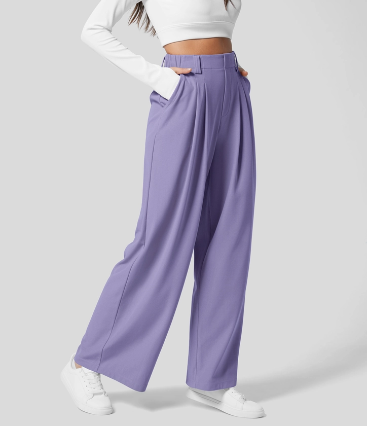 High Waisted Plicated Side Pocket Wide Leg Waffle Casual Pants