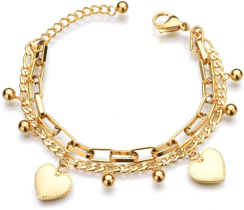 LUREME 18K Gold Stainless Steel Multi Chains Bracelet with Ball and Heart Charms for Women