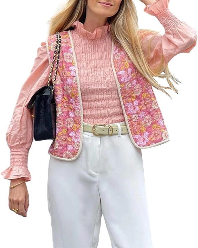 PDYLZWZY Gilet matelassé sans manches pour femme - Motif floral - Ouvert sur le devant - Y2k - Vintage
