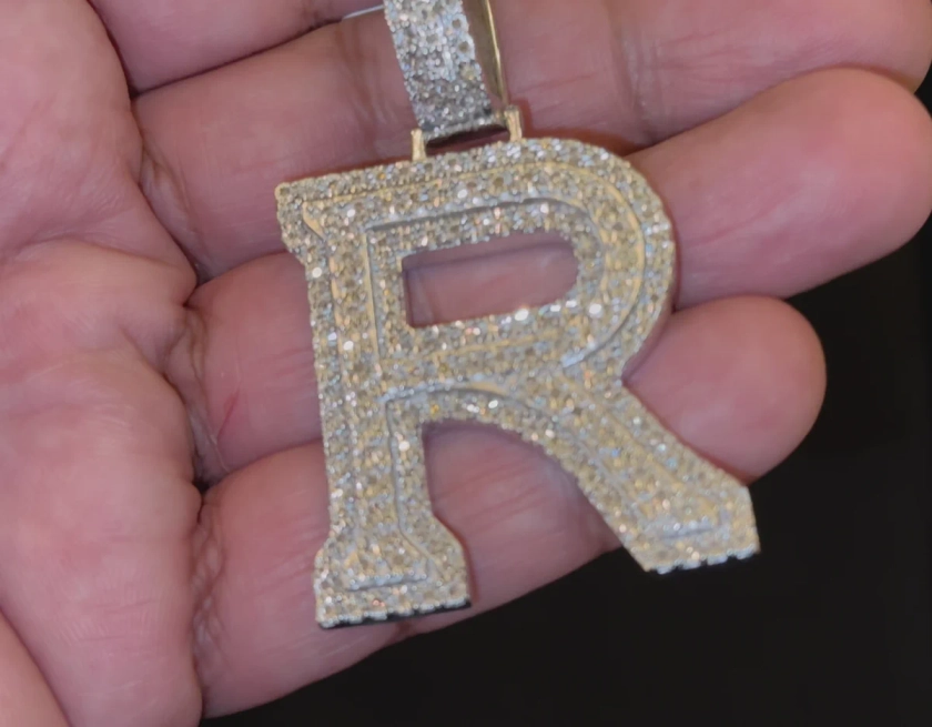 .85 CARAT NATURAL DIAMONDS STERLING SILVER WITH RHODIUM PLATING LARGE 2.50 INCHES LETTER R CHARM PENDANT