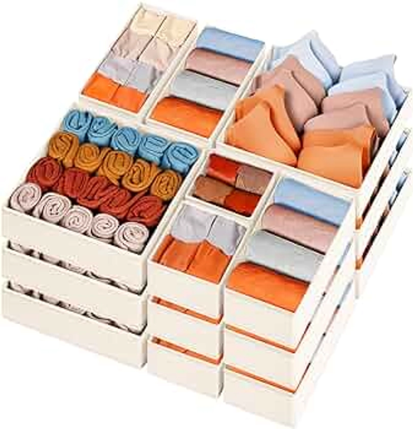 Criusia Sock Underwear Drawer Organizer Dividers 15 pack - Dresser Organizer for Deep Drawer, Closet, Nursery, Bedroom - Fabric Bins for Organization Small Toys, Bra, Ties, Scarf, Belt (Beige)