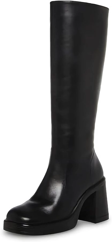 SOVANYOU Black Leather Boots Platform Boots for Women Square Toe Chunky Block Heeled Boots