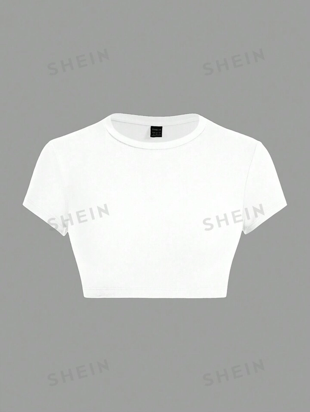 SHEIN ICON Summer Casual Fitted Women T-Shirt, Simple Solid Color Round Neck Crop Sleeve Cropped Top