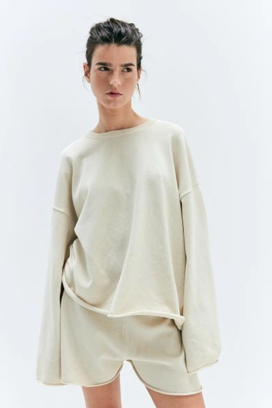 Roll-edge Sweater - Round Neck - Long sleeve - Light beige - Ladies | H&M US