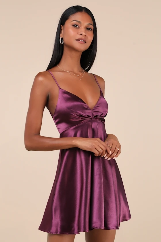 Happily Yours Plum Purple Satin Skater Mini Dress