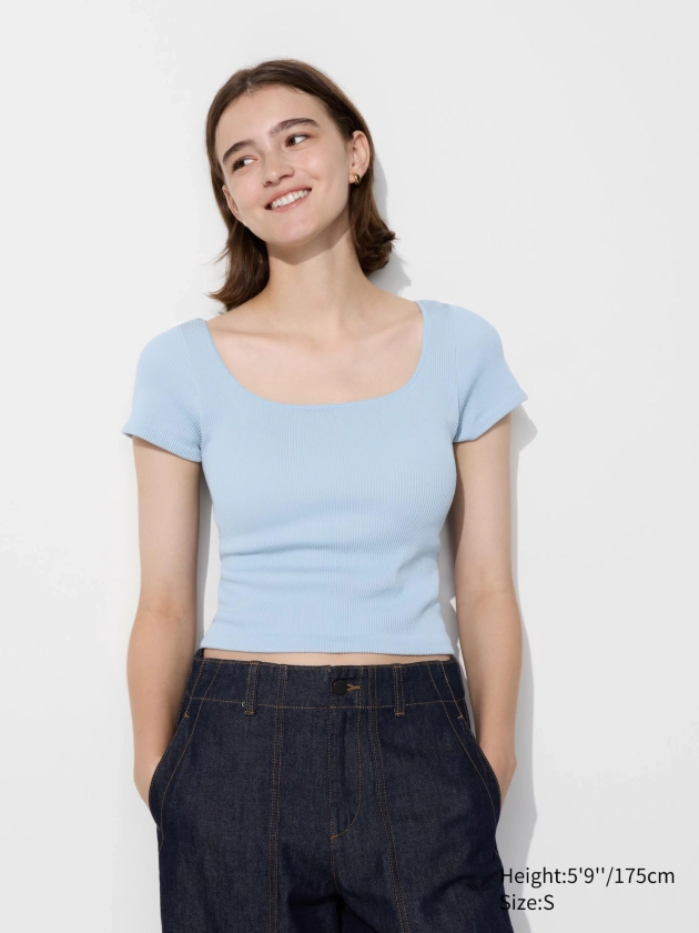 Women's Ribbed Cropped Square Neck Bra T-Shirt | UNIQLO UK