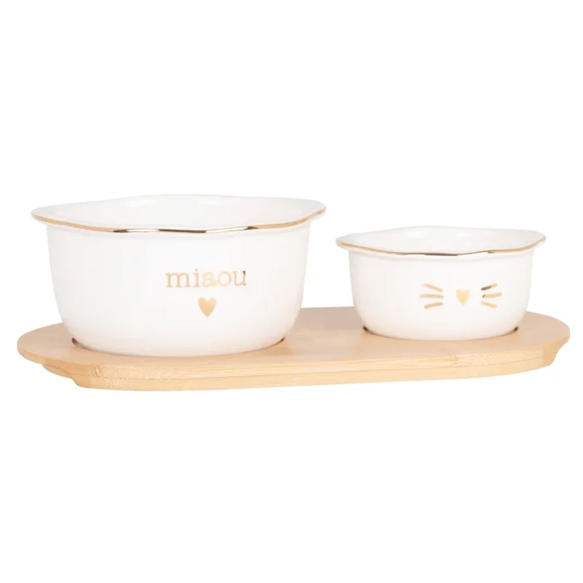 Gamelles en porcelaine blanche (x2) et plateau en bambou