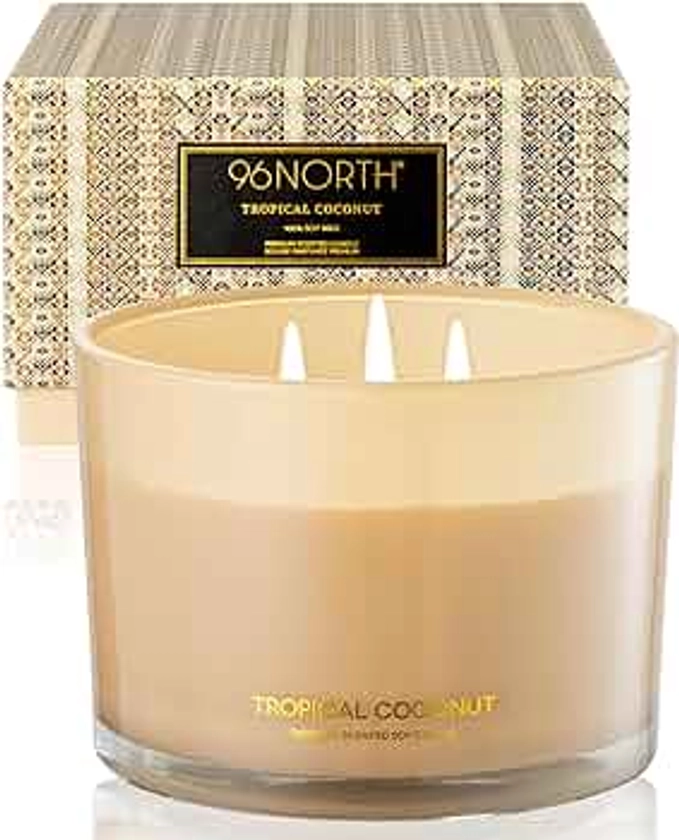 96NORTH Luxury Coconut Soy Candle | Large 3 Wick Jar Candle | Up to 50 Hours Burning Time | Tropical Beach Scented Candles for Home | 100% Natural Soy Wax | Housewarming Gift for Women and Men