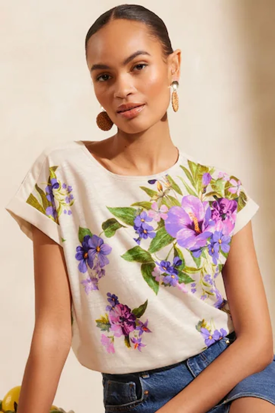 Buy V&A | Love & Roses Ivory White Floral Round Neck Jersey T-Shirt from the Next UK online shop