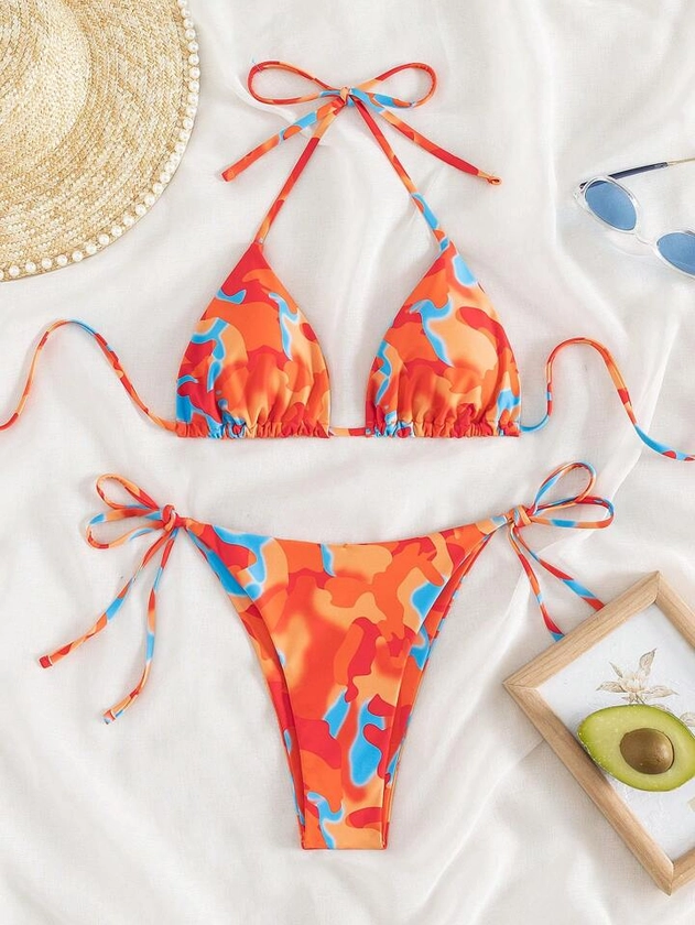SHEIN Swim Summer Beach Tie Dye Halter Triangle Bikini Swimsuit | SHEIN USA