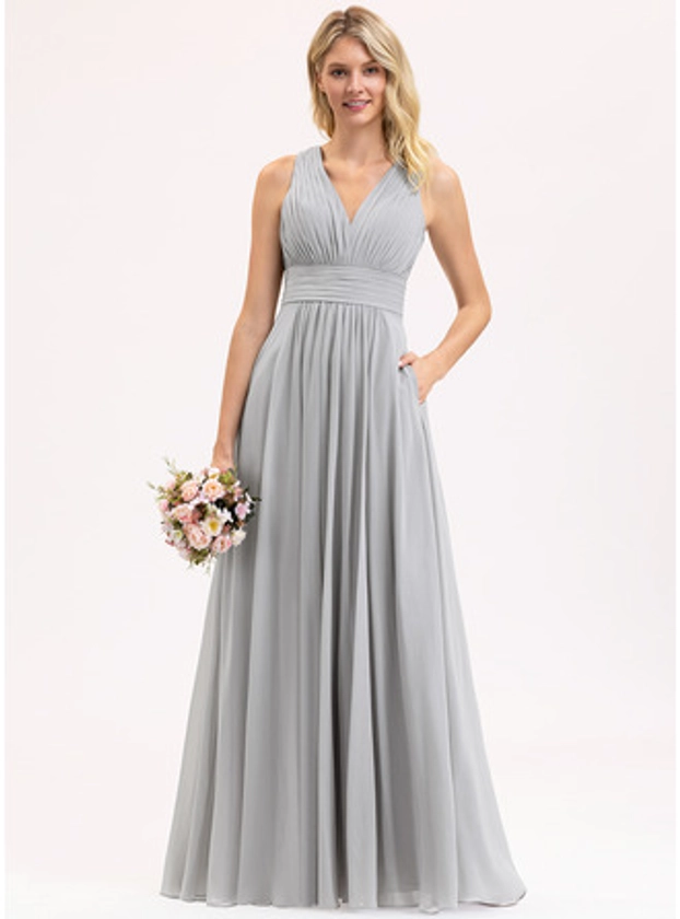 [US$ 124.00] A-line V-Neck Floor-Length Chiffon Bridesmaid Dress With Bow Ruffle (007206456)
