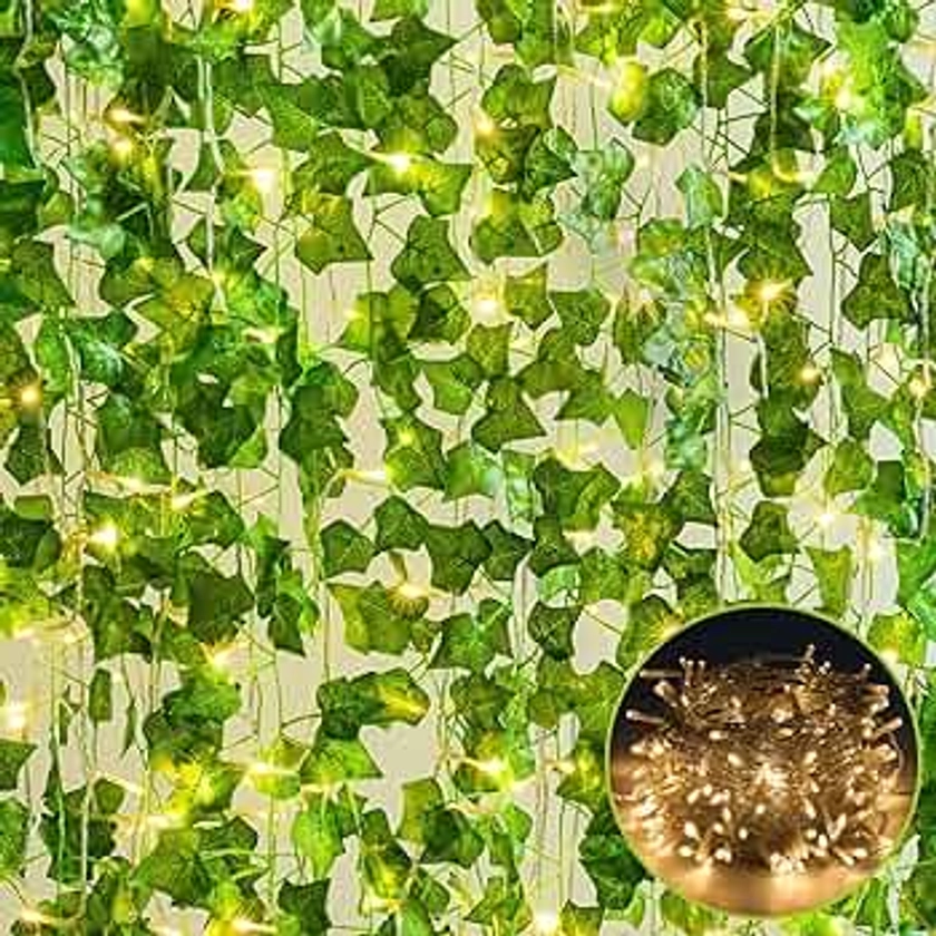 BLEUM CADE 6 Strands 42Ft Fake Vines for Bedroom with 33Ft String Lights, Cute Artificial Hanging Ivy Vines with Fake Leaves, Fake Plants for Christmas Party Garden Wall Room Decor