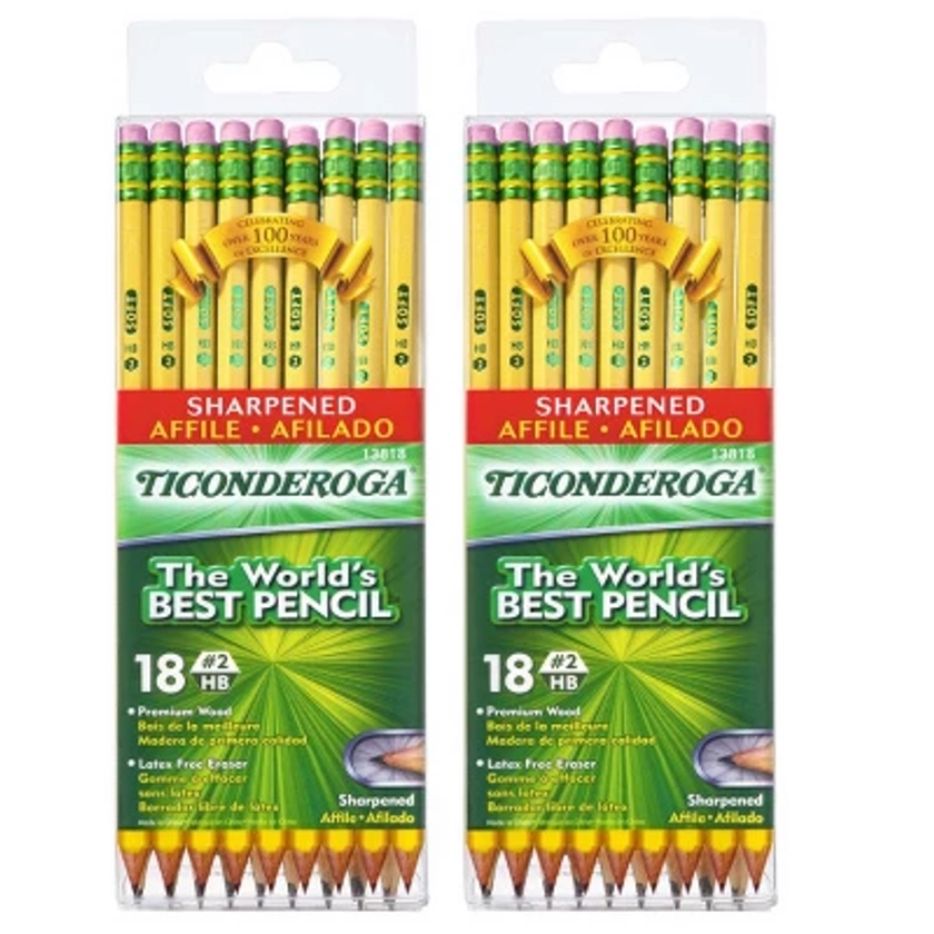 Ticonderoga® Pencils, #2 Soft, Yellow, Presharpened, 18 Per Pack, 2 Packs