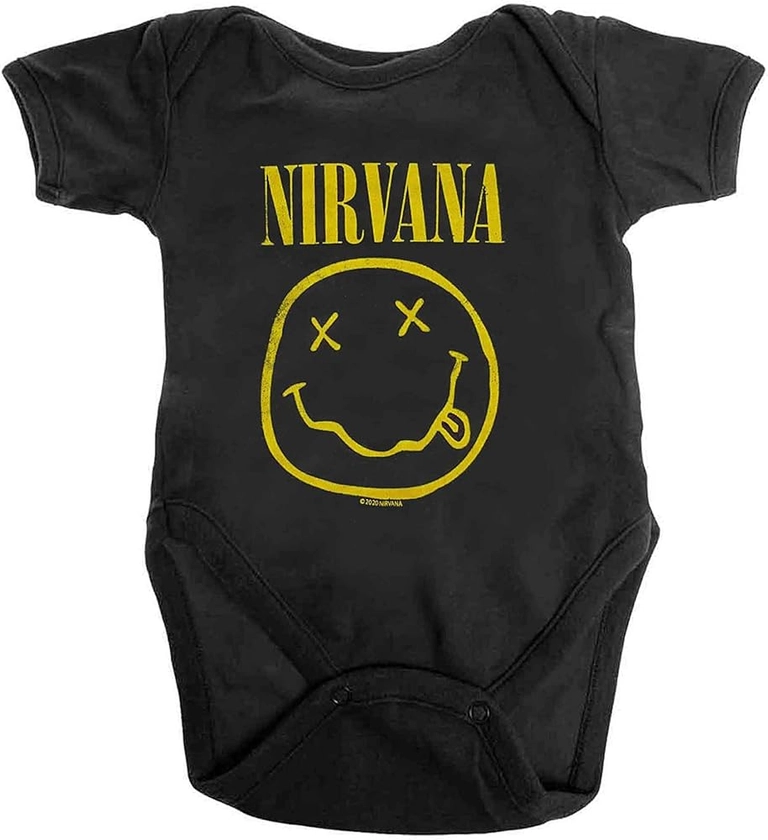 Nirvana Baby Grow Yellow Smile Band Logo Official Black 0 to 24 Months Size X-Small (0-3 Months)