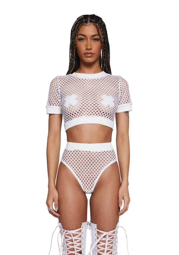 Club Exx Short Sleeve Fishnet Crop Top - White