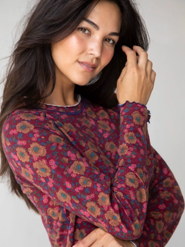 Lily Cotton Long Sleeve Tee Shirt - Cranberry Brown Floral – Natural Life