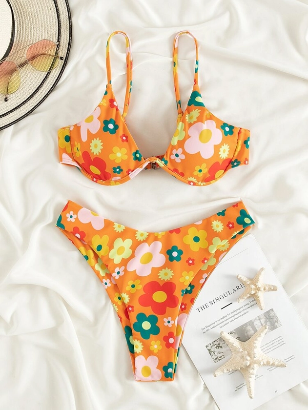 Floral Print Underwire High Cut Bikini Swimsuit: Multicolor (Orange)